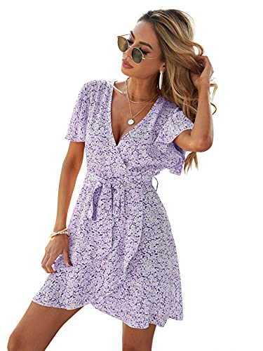 Shein Women's Floral Tie Front Ruffle Mini Dress V Neck Short Sleeve A Line Flare Dresses Lilac Purple Small #TOP3