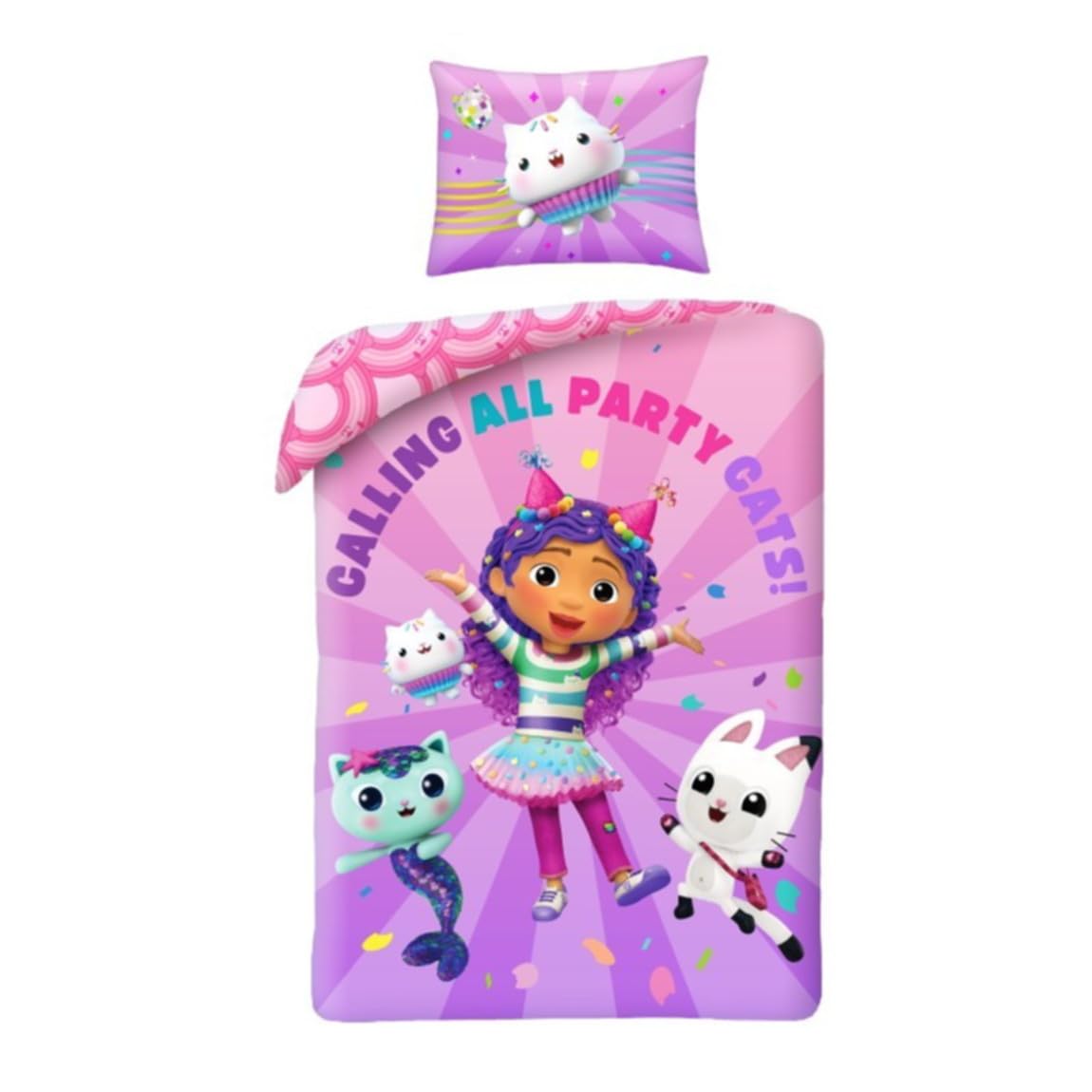 Halantex Gabby's Dollhouse Calling All Party Cats Bed Set – Duvet Cover 140 x 200 cm with Pillowcase 70 x 90 cm – 100% Polyester Multi-Coloured