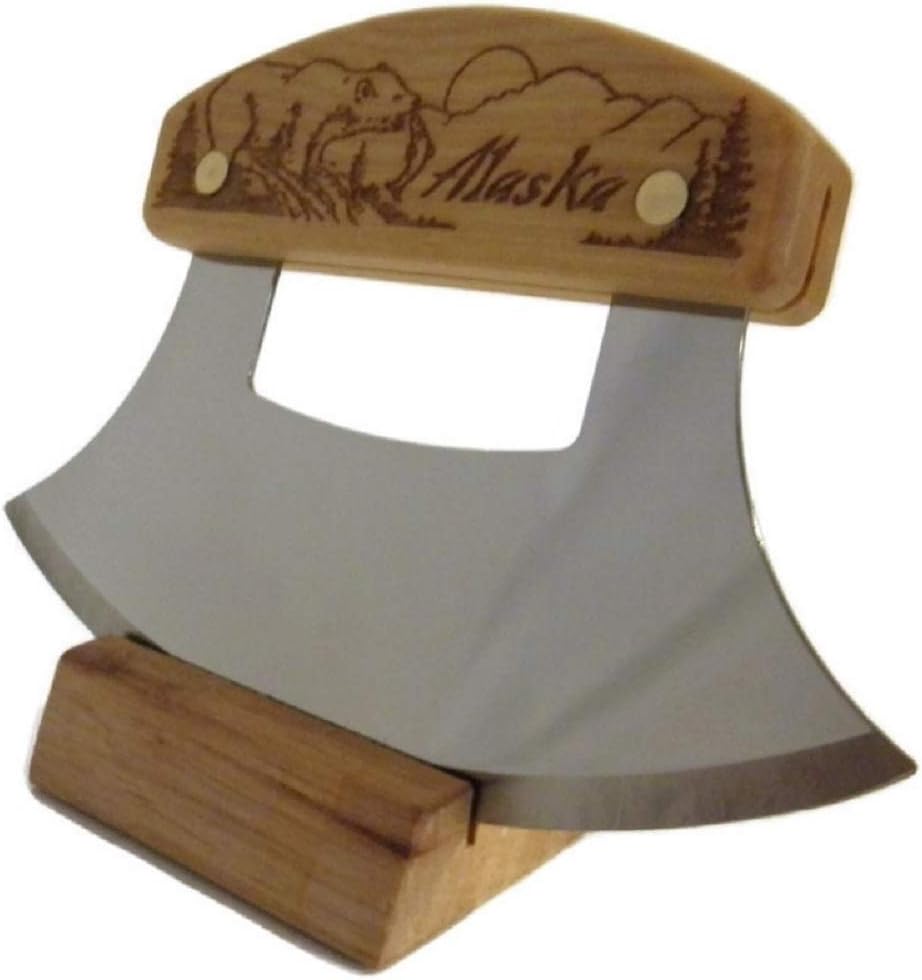 Alaskan Inupiat Ulu with Bear & Mountain Etched Birch Handle, 6.25" Blade