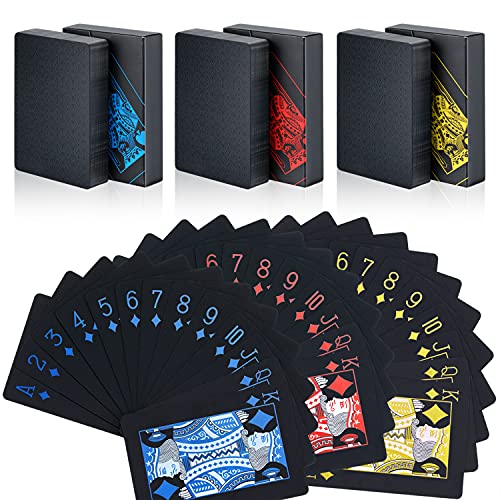 3 Decks Spielkarten Pokerkarten Deck of Cards Premium Schwarz Pokerkarten wasserdichte Kunststoffkarten mit Geschenkbox, Spielwerkzeuge für Familienspiel-Party - Cool Red Blue Yellow