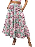 ANRABESS Women’s Summer Boho Flowy Swing Tiered A-Line Midi Skirt 2024 Fashion Trendy Elastic Waist Pleated Long Beach Dress with Pockets Large Floral Large