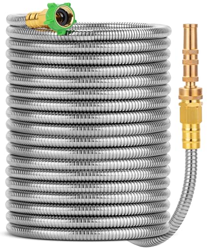 UNCO- Stainless Steel Metal Hose with 4 Function Brass Nozzle 75 ft No Kink Metal Garden Hose