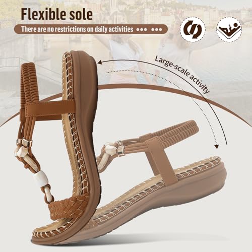 Image of Littleplum Women Sandals Arch Support Handmade Bohemian Braided Flat Sandals Comfort Walking Beach Ankle Elastic Summer Shoes