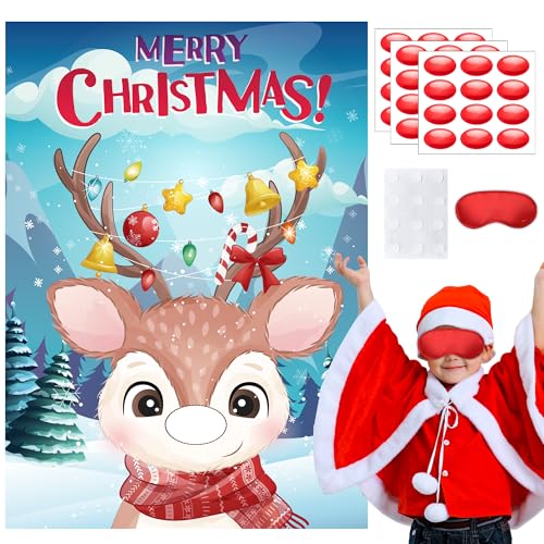 Pin The Nose On The Deer Christmas Game 7pcs Pin The Nose On The Reindeer Game Christmas Reindeer Poster Games for Christmas Party Decorations Favor
