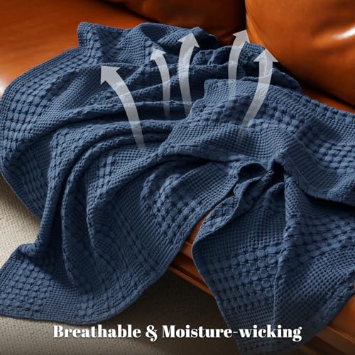 Image of PHF 100% Cotton Waffle Blanket Queen Size for Bed, Lightweight Breathable and Soft for Summer, Luxury Aesthetic Waffle Weave Blanket for Home Decor & Gifts for Women, 90 inchx90 inch, Blue Sapphire