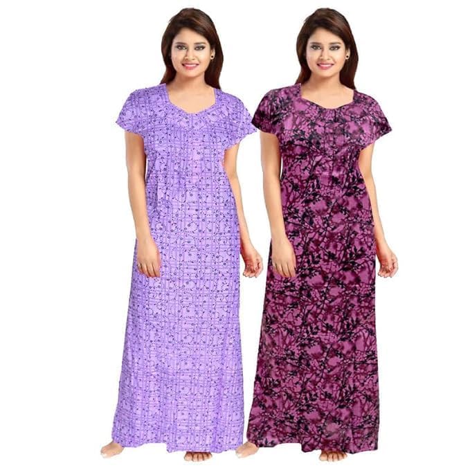 Women’s Cotton Printed Maxi Nighty – Ankle Length Night Dress Gown, Pack of 2, Free Size – Soft & Breathable Sleepwear