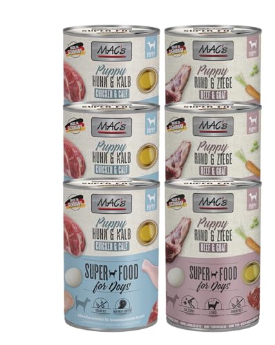 Mac's Dog Puppy 6 x 400g | 2 Sorten Mix | Getreidefreies Nassfutter für Welpen | schonende Zubereitung | bietet Ihrem Welpen Alles an Nährstoffen, Vitaminen und Mineralien