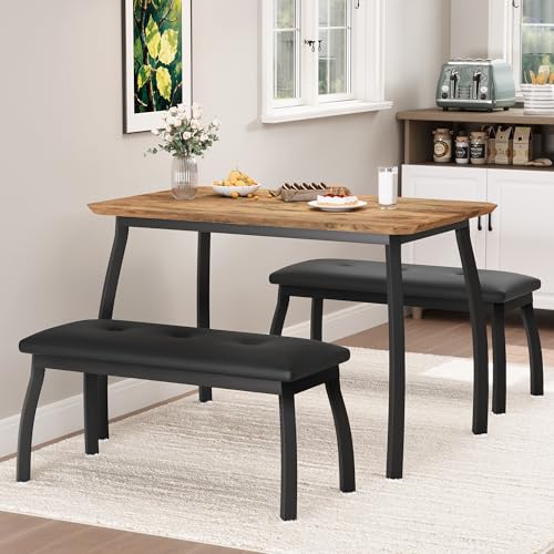 Garvee 43'' Dining Table with 2 Upholstered Benches, Industrial Dining Table Set with Heavy Duty Metal Frame, 3-Piece Kitchen Furniture for Small Spaces, Studio, Restaurant, Home, Retro
