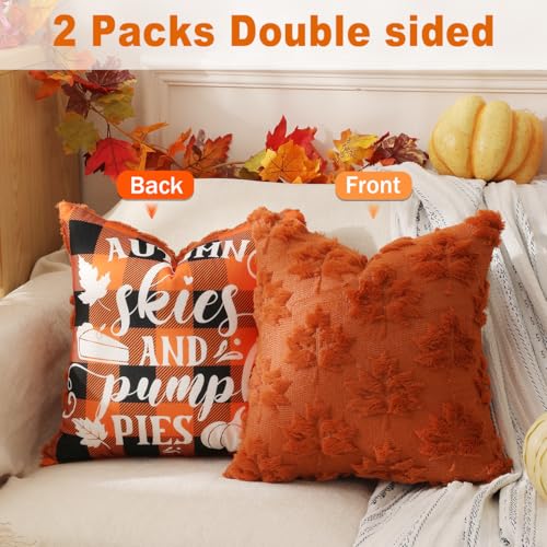 TOYPOPOR Fall Decorations 2 Packs Double Sided Throw Pillow Covers Rust Red Soft Faux Fur Maple Leaf Pillow Case Autumn Harvest Thanksgiving Indoor Outdoor Home Decor for Living Room Porch Couch 20x20