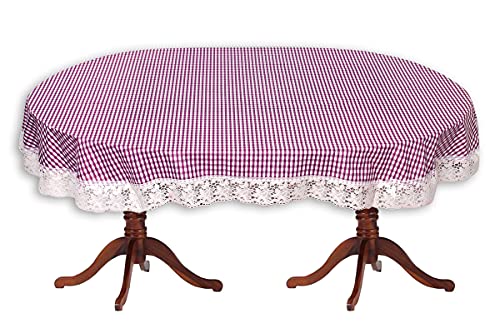 Image of The Furnishing Tree Waterproof PVC Oval Shaped 8 to 10 Seater Table Cover WxL 60x108 inches Pin Check Pattern Voilet with White Border lace