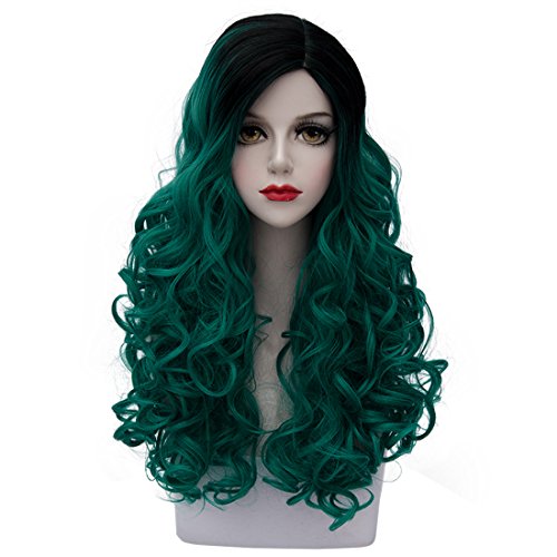 TopWigy 24" Women's Long Curly Wave Wig Fashionable Ombre 2 Tone Synthetic Heat Resistant Cosplay Costume Full Wig+Wig Cap (Black to Green)
