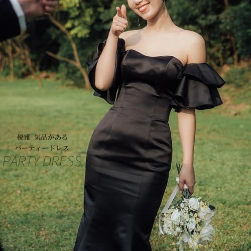 まな　オフショルダー　黒　ウェディングドレス　M ウェディングドレス オフショルダー シアー 結婚式 黒 韓国