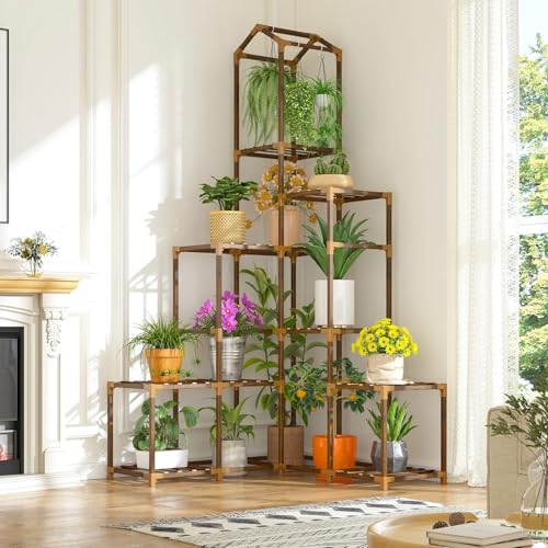 Image of Snazzy 64.2 inch H Plant Stand Indoor Outdoor Tall Plant Shelf for 13-19 Pots Corner Tiered Plant Stands for Multiple Plants Wood Hanging Plants Holder for Garden Balcony Patio Window Porch