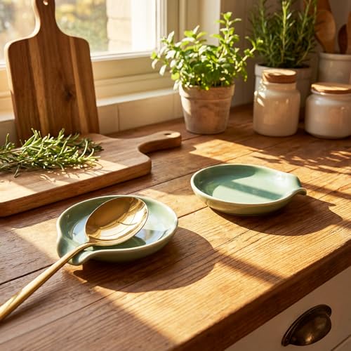 Image of Irenare 8 Pcs Ceramic Spoon Rest for Stove Top, 3.74 Inch Porcelain Spoon Holder, Coffee Utensil Rest Heat Resistant Dishwasher Safe for Home Kitchen Accessories Gift(Green)