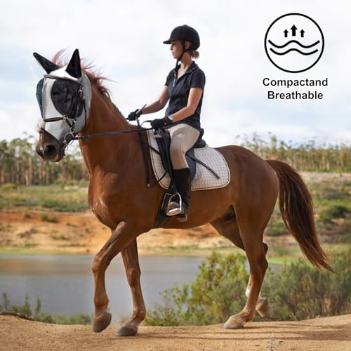FOXLVDA 3 Pcs Horse Fly Mask-Fly Masks for Horses with Ears, Breathable Elastic Fabric for Sun Protection for Large/Medium Size Adult Horses (Pink-Purple-Gray, Large) - Thumbnail 5