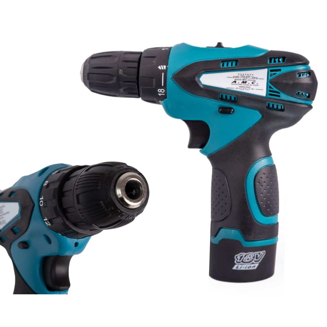 AMC Coppia Trapano Avvitatore a Batteria Professionale 18V, Avvitatore a Batteria con 2 Batterie, 2 Velocità, 17 Accessori, Luce a LED, Mandrino Autoserrante con Impugnatura Ergonomica, Per fai da te