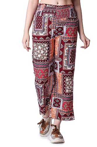 Image of POPWINGS Casual Boho Printed Side Wide Leg Trousers for Women || Summer Wear Comfortable Pull-On Women Trousers || Western Loose-Fit Trousers || Stylish Women Casual Trousers