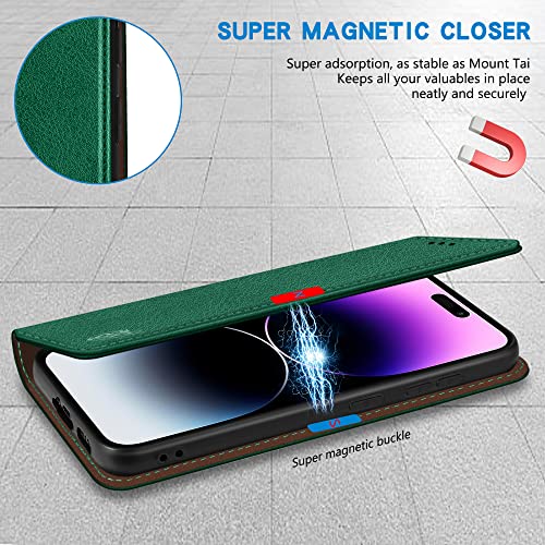 ZZXX iPhone 14 Pro Max 6.7 inch Cellular Phone Case, Wallet with RFID Blocking, Card Slot, Magnetic Leather Flip Protective Cover, Green - image 3