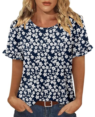 CRAZY GRID Women's Shirts Summer Casual Crewneck Ruffle Short Sleeve Blouses Cute Floral Print Tunic Tops