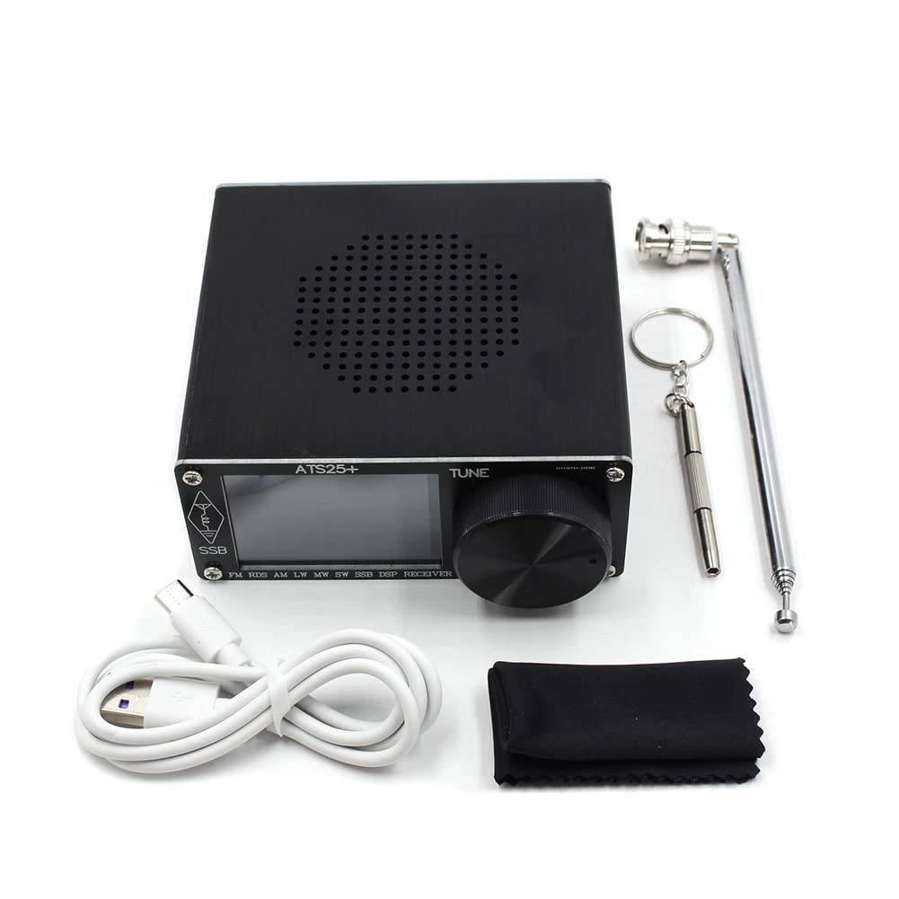 Récepteur radio complet ATS-25+ en alliage d'aluminium - Récepteur pour DSP MW & SW SSB USB et LSB avec écran tactile de 2,4" avec antenne et câble de charge de type C