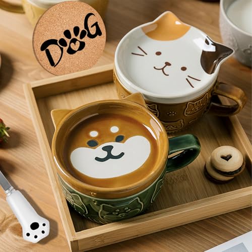 Süß Keramik Lustige Tassen mit Deckel, Hund Tier Kaffee Teetassen Set, Personalisiert Kaffeetassen Geschenk für Weihnachtstag, Frauen, Mädchen, Freundin, Katzenliebhaber, Kinder, Geburtstagsgeschenk