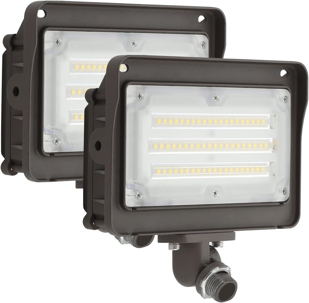(2 Pack) 50W LED Flood Light, Dusk-to-Dawn Photocell, 180° Adjustable Arm, Replaces 150-200W HPS/MH, IP65 Waterproof Outdoor Security Lighting Fixture, 100-277Vac 5000K 6000lm, ETL Listed