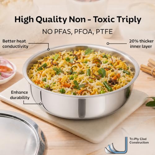 Image of Triply Stainless Steel Langdi Tope - 22 cm / 2.2 litres | Multipurpose Stainless Steel Extra Shallow Tope | Induction Friendly for Every Day Use
