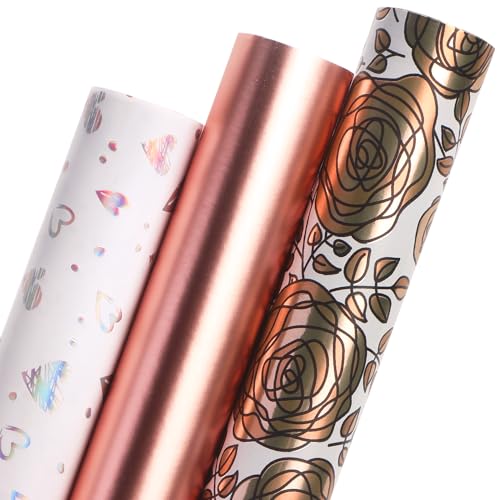 Ribbli Rose Gold Mothers Day Wrapping Paper Mini Roll 3 Rolls Happy Birthday Floral Heart Gift Wrap for Women Girl Friend Wedding - 17 inch x 120 inch(10feet) Per Roll