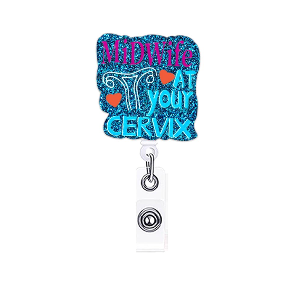 ANDGING Funny Uterus Badge Reel Holder Nurse Nursing Medical Acrylic Midwife at Your Cervix Badge Reels Retractable for Nurses Cute Glitter Badge Clip RN CNA LPN LVN ID Name Card Assistant Gifts