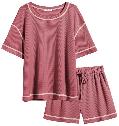 Image of Ekouaer Women's Waffle Knit Two Piece Lounge Set, Soft Matching Outfits for Daily Wear, Casual Shorts Set with Pocket