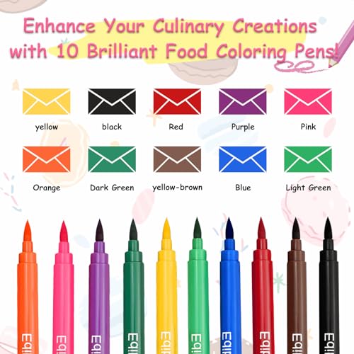 Image of Cycayit 10-Pack Edible Ink Markers - Edible Ink Pens，Dual-Tip Edible Markers for Cookies, Cupcakes, Fondant, Easter Eggs & Party Decorating - Food Coloring Pens Ideal for DIY Desserts & Custom Designs