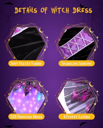 Girls Light Up Witch Costume, Kids Witch Costume with Hat and Broom for Toddler Halloween Dress Party4