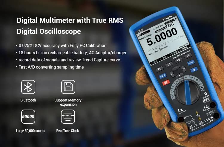 Multimeter DT-9979 by CEM True RMS AC/DC 1000V Digital Multimeter Tester AC DC 50000 counts,IP67 Waterproof and Auto Power Off Bluetooth interface