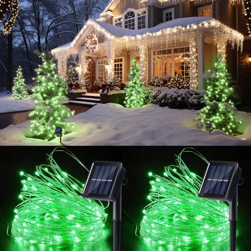2 Pack Solar String Lights Outdoor Saint Patricks Day Decorations with 8 Modes Total 80FT 200 LED Waterproof Copper Wire Fairy Lights Patio Tree Yard Party Decor (Green)