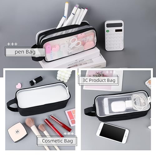 Image of Oyachic 2 Compartment Pencil Case Clear Mesh Pen Pouch Grid Makeup Cosmetics Bag Transparent Marker Organizer Office Business Travel Adults,black