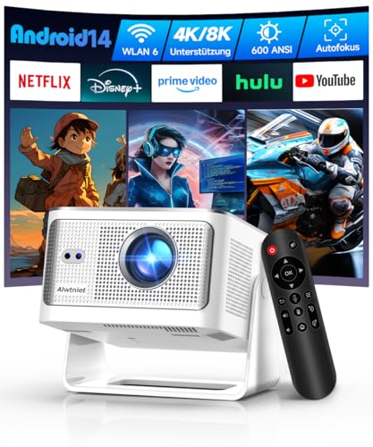 Alwtniet Proiettore Portatile 4K 8K [1080P Nativo e App Integrate] Mini Videoproiettore WiFi 6 Bluetooth 5.4 Android 14 Auto Keystone 6D/Auto Evita Ostacoli per Telefono, Smart TV, HDMI,USB HY350 Max