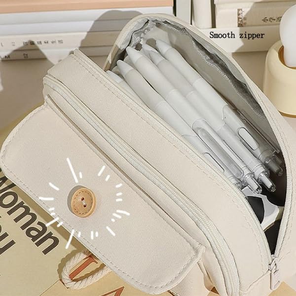 Image of Zibuyu Aesthetic Pencil Pouch for Girls & Boys Double Layer Zip-Up School Pouch, Canvas Pen Storage Organizer Fashion Stationery Pouch for Students, Office Supplies(21x11x7.5cm, Beige)