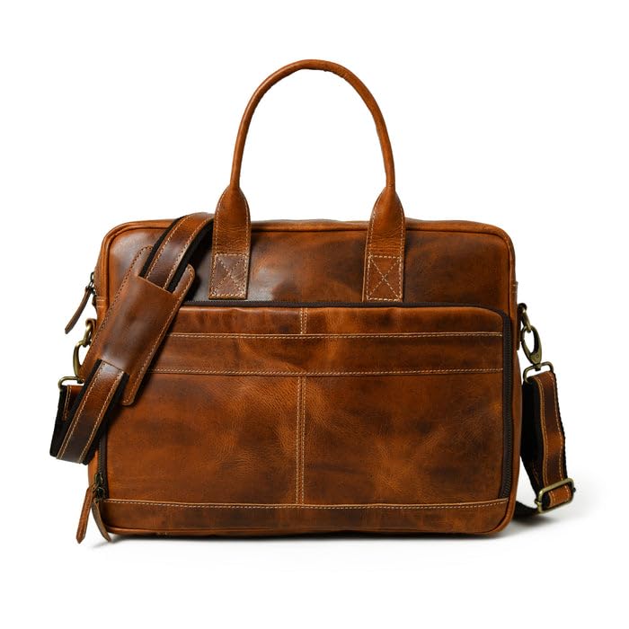 Image of MaheTri Unisex Bison Elite Leather Laptop Bag /Briefcase (16 inch) - Brown | Adjustable Shoulder Strap & Padded Handle | Vintage Crossbody & Shoulder Office Laptop Briefcase