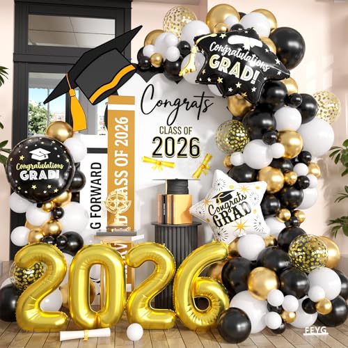 Graduation Balloon Arch Garland Kit, 2026 Graduation Party Decoration, Black Gold Grad Balloons with 2026 Number Foil Balloon & Confetti Balloons for Class of 2026 Congrats Party Supplies by FEYG - Used condition - US$8.45