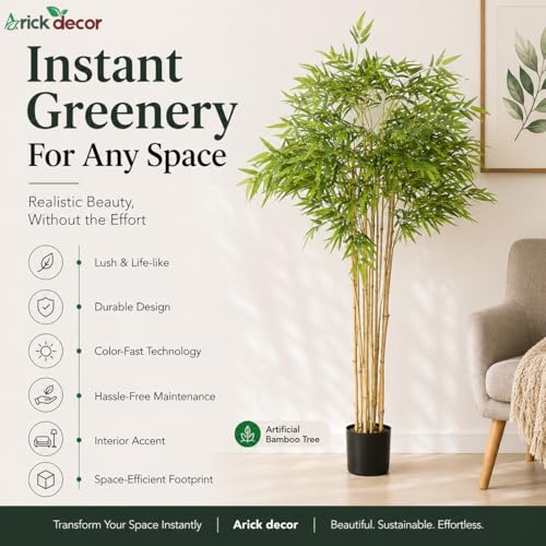 Image of ARICK DECOR 5Ft Artificial Bamboo Tree in Pot, 5ft Realistic Faux Bamboo Silk Plant with Natural Look Canes, Peacock Shaped Floor Decor for Home, Office & Balcony