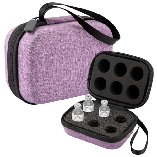 Mviioe Insulin Holder Fridge Storage Carrying Case, Peptide Case Insulin Vial Organizer Bag Fitting 10ml Vial Short Size, Removable Design with 2 Sizes Slot Foam(6 Slots) (Purple)