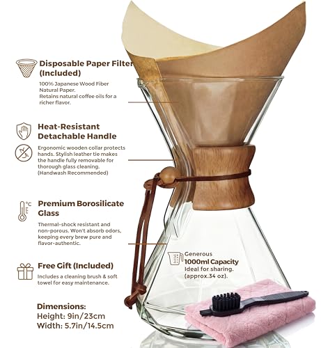 Image of AGOGO Pour Over Coffee Maker Set, 34oz Diamond Style, 50 Paper Filters | Barista kit for home kitchen, Cafe, Camping & Office; 20oz-40oz Classic, Slim, Diamond styles; Includes brush & towel.