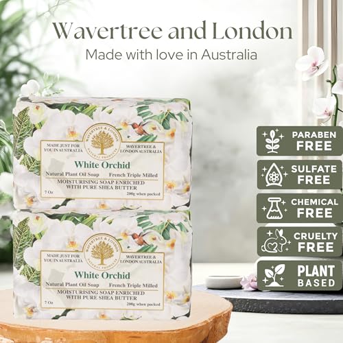 Image of Wavertree & London White Orchid Scented Natural Soap (2 Bars), 7oz Moisturizing French Triple Milled Soap Bars enriched with shea butter - Pure Plant Based Bath & Body Bars for All Skin Types