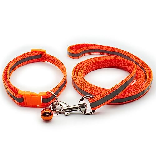 Small Dog Puppy Pet Collar and Lead Set Reflective Hi-Vis Strip Nylon Adjustable Size 19-32cm Collar with Bell and 120cm Leash Orange - Image 2