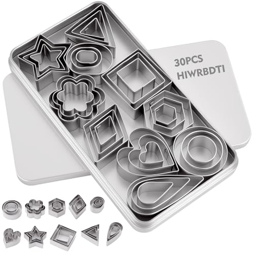 HIWRBDTI 30PCS Mini Cookie Cutters Shapes Set with Box for Kids Small Stainless Steel Star Triangle Cookie Cutter Variety Pack for Tiny Polymer Clay Fruit