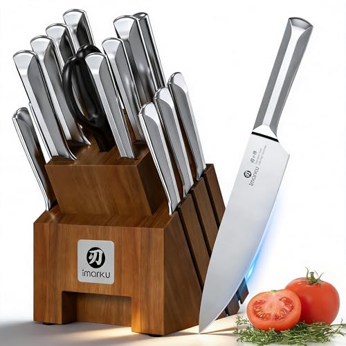 Image of imarku Knife Set, Kitchen Knife Set with Block & Sharpener, 16PCS Japanese High Carbon Stainless Steel Ultra Sharp Knife Block Set, Ergonomic Non-Slip Handle, Dishwasher Safe, Perfect Gifts