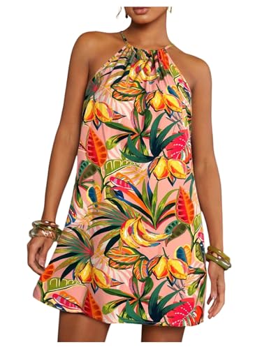 Image of SweatyRocks Women's Tropical Print Halter Dresses Sleeveless Holiday Summer Mini Dress