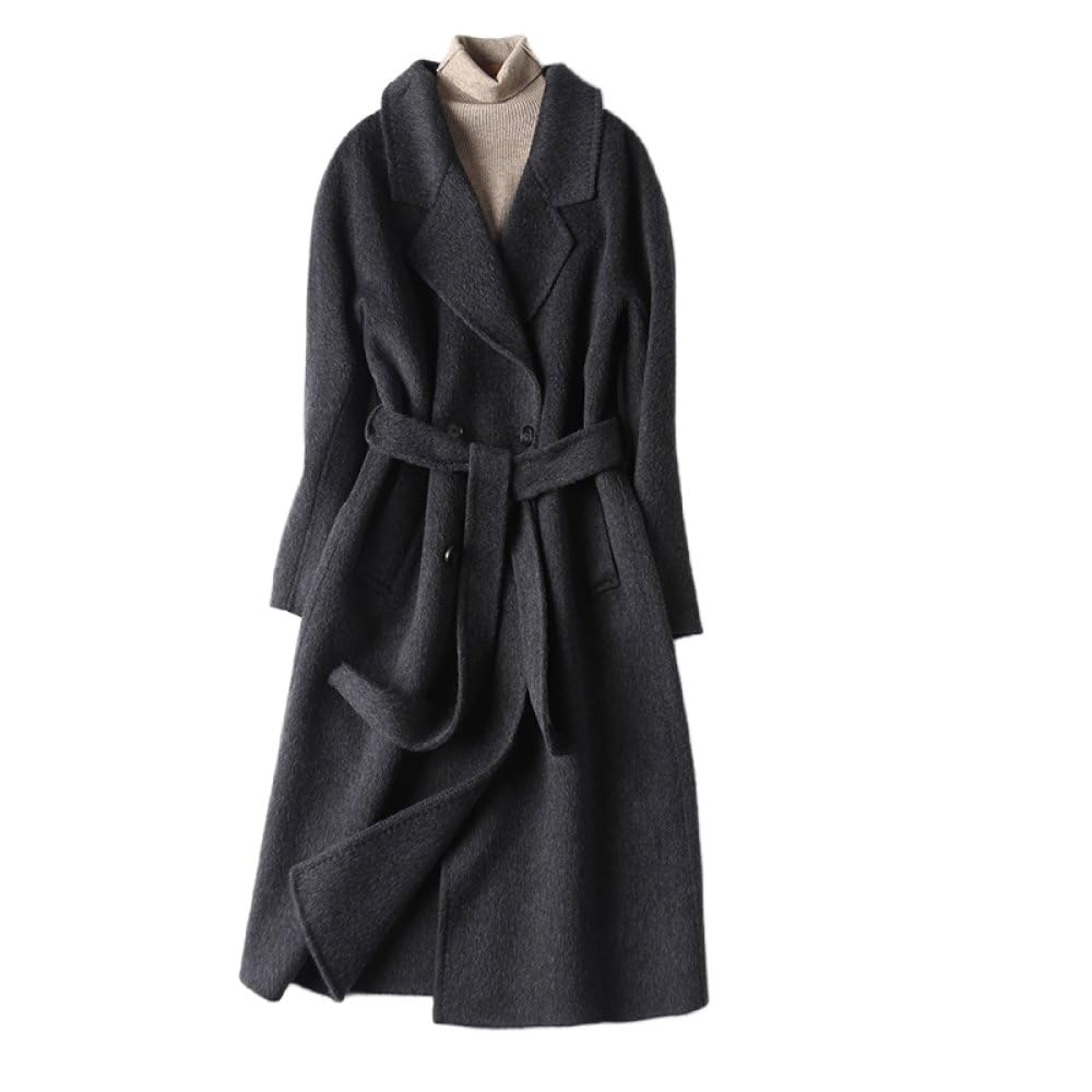 LCDIUDIU Womens Dark Grey Double Breasted Wool Long Trench Coat,Notched Lapels Belted Button Transitional Jacket Spring Autumn Casual Midi Overcoat Outwear With Pocket