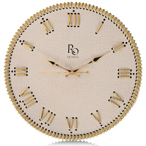 Image of Wooden Round Shape Roman Dial Wall Clock with Gold Zari Rope Detailing and Golden Hands | Silent Quartz Movement Anti Reflection Analog Vintage Clock for Home & Office (Ivory, 15.5 Inch)