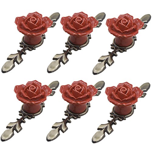 6 pomelli per porte/maniglie per cassetti/maniglie per mobili in ceramica rosa floreale vintage fatti a mano con base in ottone antico-accessori per decorazioni per la casa (Redsmall 119 * 40 * 45mm)